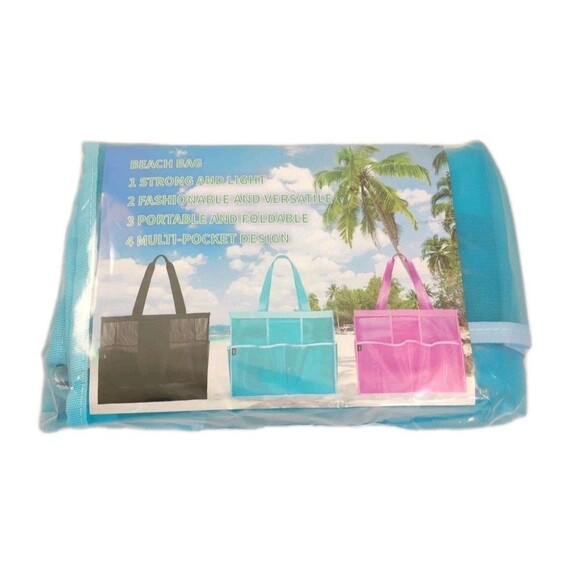Mesh beach bag 6 pockets sand proof Blue gym Tote Bag Large - Picture 1 of 9